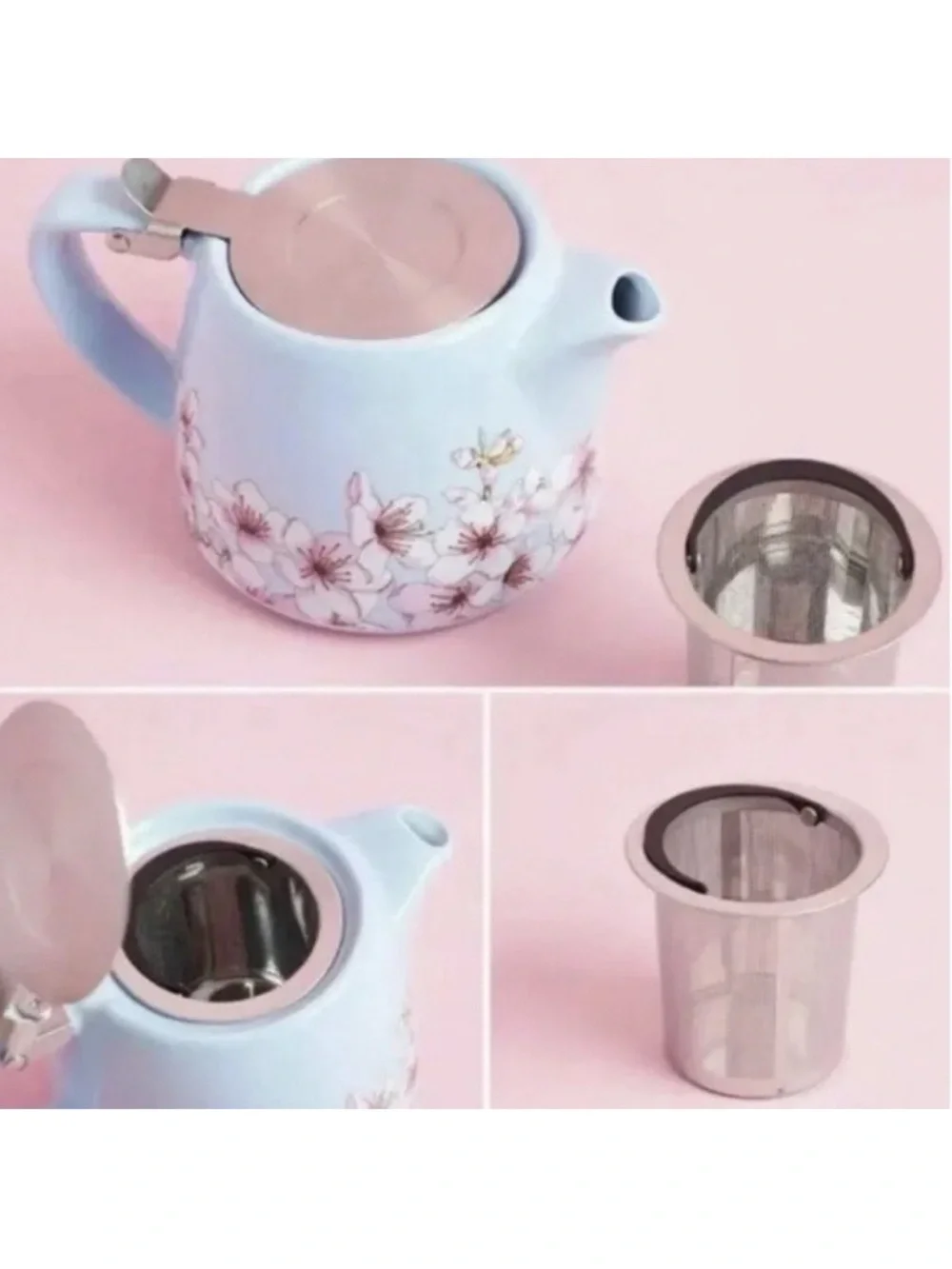 Alfred Blue Ceramic Teapot with Pink Floral Motif